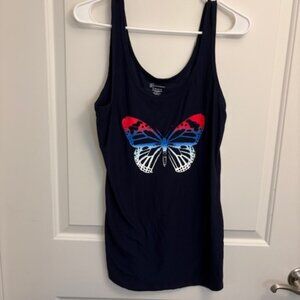 Navy Blue Tank Top with Red, White & Blue Butterfly Graphic